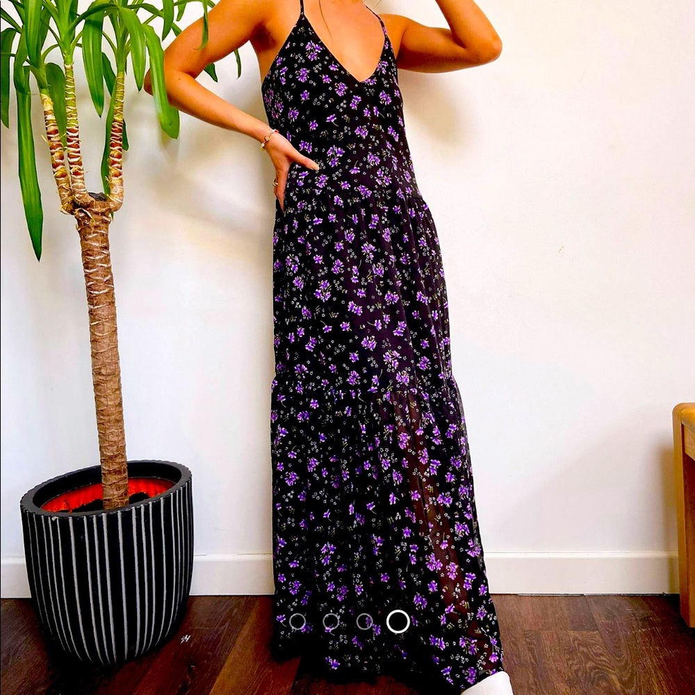 Violet Romance Maxi Dress in Black with Purple Flower Print